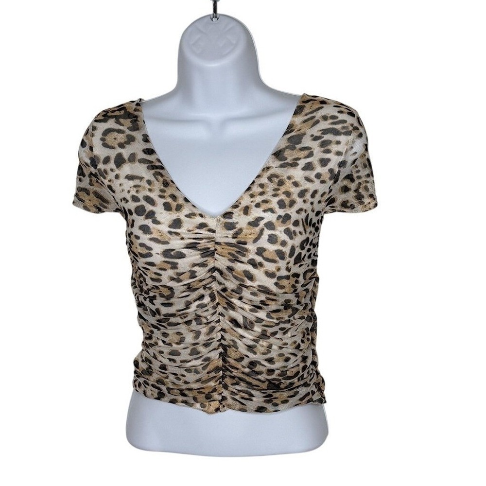Free Press Mesh Top Womens Medium Brown Leopard Print Ruched V-Neck Short Sleeve